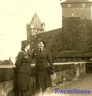 Rare Pair Female Wehrmacht Blitzmädel Helferin Girls Chatting On Bridge
