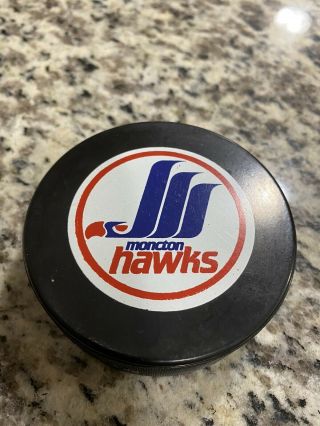 Vintage Rare 1987 Moncton Hawks Ahl Game Inglasco Puck