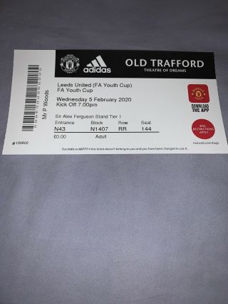 Rare Manchester United Man Utd Leeds 19/20 Fa Youth Cup Ticket
