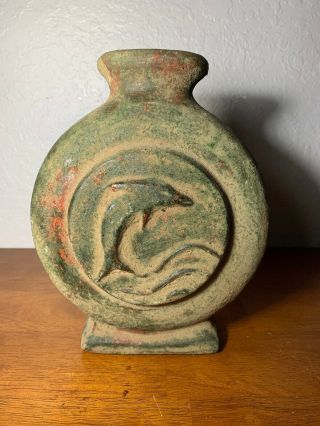 Rare Clay Pottery Vase Vintage Dolphin Swimming In Ocean Unique (one Of A Kind)