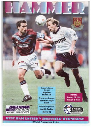 West Ham United V Sheffield Wednesday Rare Official Match Day Programme 23.  01.  95