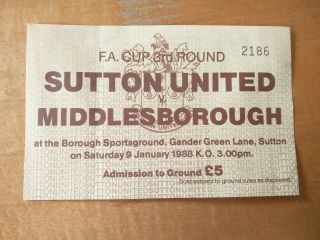 Rare Ticket Stub Sutton Utd Vs Middlesborough Fa Cup 3rd Round Jan 1988 Perfect