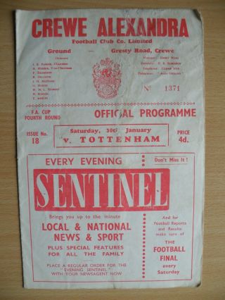 Rare Crewe Alex V Tottenham Hotspur 30th Jan 1960 4th Round
