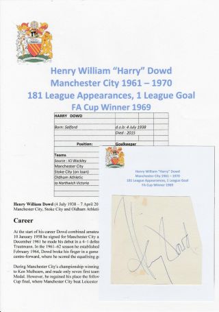 Harry Dowd Manchester City 1961 - 1970 Rare Autograph Cutting/card