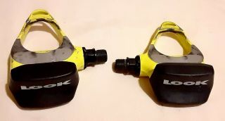 Vintage Rare Look Yellow Clipless Road Bike Pedals Great Adjustable Tension
