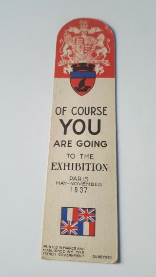 Rare Bookmark For The 1937 Paris Exhibition