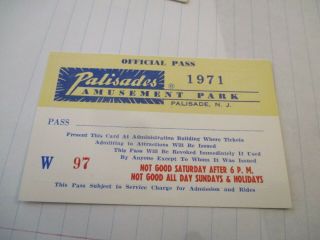 1971 Palisades Amusement Park Jersey Official Pass - Cond - Rare