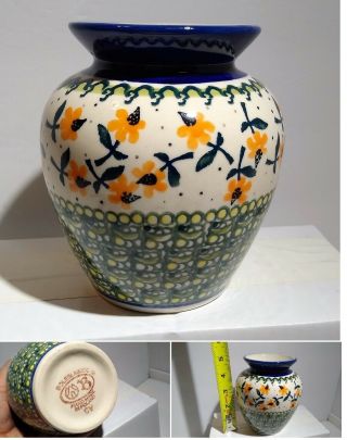 Rare Boleslawiec Floral Vase Handmade Poland 5 " Tall Pottery Art A5