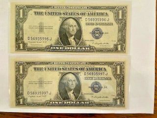 2 - Consecutive Series 1935 G $1 Silver Certificates No Motto Gem Unc Rare