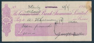 Australia: 1914 National Bank Of Tasmania £10 Cheque Rare " Provisional Issue "