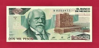 Mexico Rare Unc 2000 Pesos 1983 Note (p - 82a6) Series " R " Prefix " N " Printer Bdm
