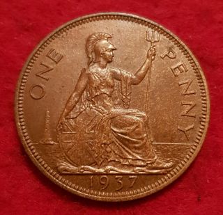 1937 George Vi Penny Attractive Patchy Toning Rare Thus P129