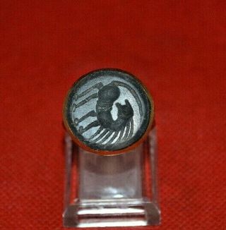 Rare Ancient Roman Silver Signet Eagle Seal Ring Intaglio Carnelian Grey Stone