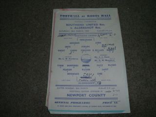 Rare Southend United V Aldershot Reserves Football Combination 28th March 1959