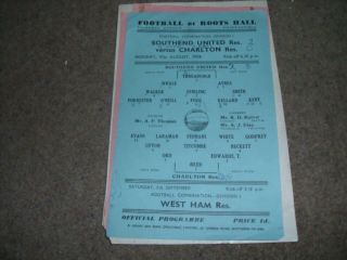 Rare Southend United V Charlton Ath Reserves Football Combination 31st Aug 1959