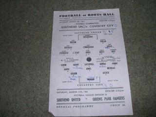 Rare Southend United V Coventry C Reserves Football Combination 4th March 1961