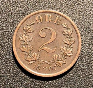 1907 2 Ore Norway Rare Copper Coin Piece Better Grade