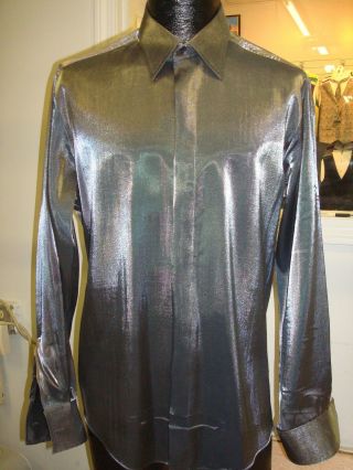 Rare - Raffinati Shinny Silver Satin Fly Front Tuxedo Dress Shirt - 17.  5 X 39