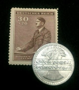 Rare Antique German 50 Pfenning 1920s Coin & UNC Stamp World War 2 & 1 Artifacts 2