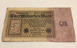 Rare German Banknote.  5 Billion Mark.  Dated 1923.  Reichsbanknote.  Pick 115.