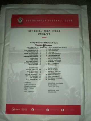 Rare Teamsheet Southampton V West Bromwich Albion - 4 October 2020