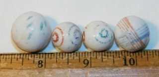 Rare Old Set Of 4 Painted Clay Marbles Circles Lines Set 4