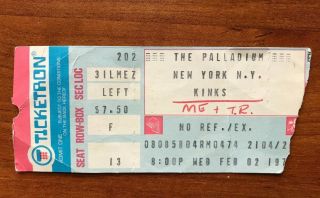 The Kinks Rare Ticket Stub 1977 The Palladium York City