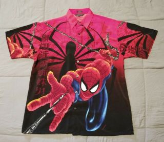 Vintage 2000 Spider - Man All - Over Print Button Up Shirt Men 