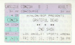 Rare Grateful Dead 12/16/94 Los Angeles Sports Arena Concert Ticket Stub