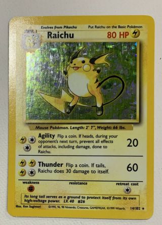 1999 Pokemon Game Base Unlimited Raichu Holo 14/102 Played Pokémon Psa Bgs Rare