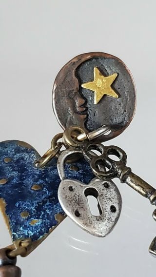Vintage Brutalist Copper & Silver Moon,  Star,  Key,  Lock Dangle Earrings Rare