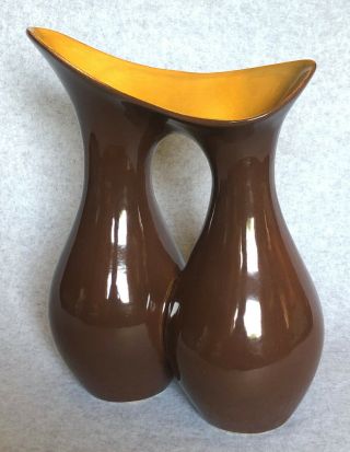 Red Wing Pottery No.  B1433 Double Vase Gypsy Brown Yellow Ochre Ex Rare Mcm