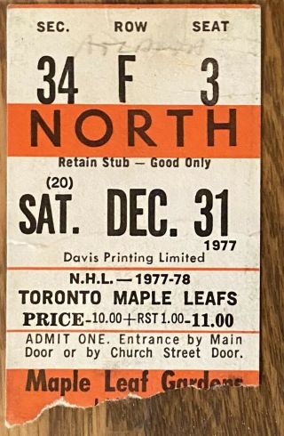 Toronto Maple Leafs Vs Atlanta Flames Dec 31 1977 Defunct Team With Rare S/0 3 - 0