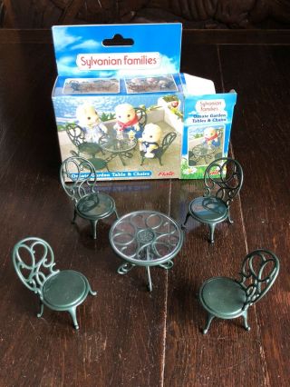 Sylvanian Families Ornate Garden Table & Chairs Set Boxed & Complete Green Rare