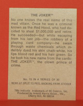 1978 The Joker 15 DC Hero Stickers Food Issue No Logo Very Rare 2