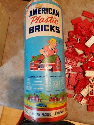 Vintage American Plastic Bricks Building Set By Halsam No.  725 Canister Toy Rare