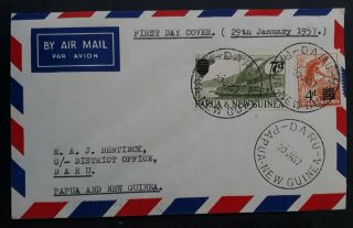 Rare 1957 Papua Guinea Airmail Surcharged Pictorials Fdc Ties 2 Stamps Daru