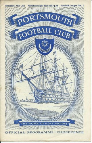 Rare Official Portsmouth V Middlesbrough 2/5/53 1952/53 Season