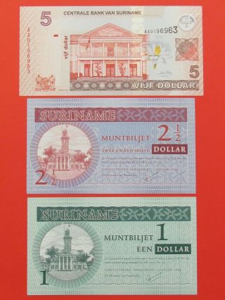Suriname (2004 Unc Rare) 1 - 5,  2 1/2 Dollars Rare Bank Notes,  Gem Unc