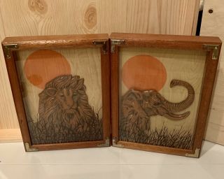 2 Wallace Berrie & Co Framed Wood Carvings Lion And Elephant Very Rare 1978