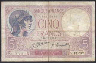1922 5 Francs France Vintage Old Paper Money Banknote Currency Antique Rare F
