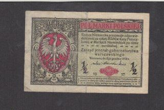 1/2 Marki Vg Banknote From German Occupied Poland 1916 Pick - 7 Rare