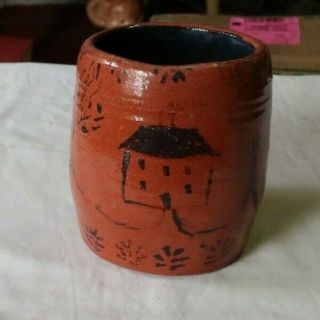 Rare Vintage Antique 4.  25 " Art Pottery Cup Mug Hand Painted Houses Red Ware Look