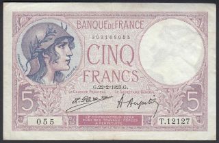 1923 5 Francs France Vintage Old Paper Money Banknote Currency Antique Rare Vf