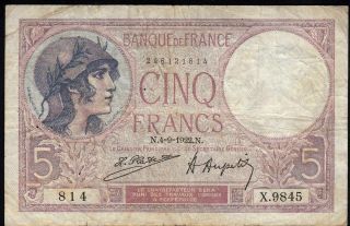 1922 5 Francs France Vintage Old Paper Money Banknote Currency Antique Rare Vf