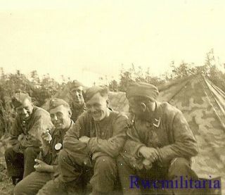 Rare Luftwaffe Field Division Soldiers In Camo Smocks By Tent; Russia
