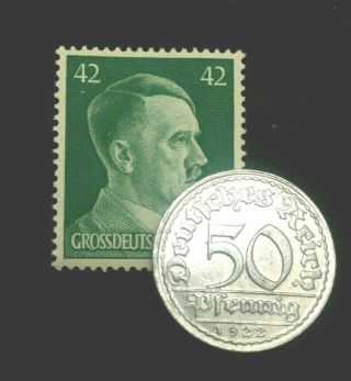 Rare Antique German 50 Pfenning 1920s Coin & Stamp Ww1 & 2 Artifacts