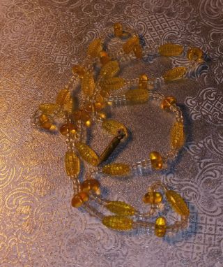 Vintage Rare Lemon Yellow Ribbed Cut Art Glass Clear Glass Beads 22 " S