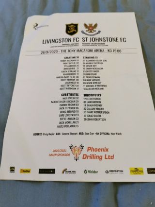 Livingston V St Johnstone Spl 26/09/2020 Rare.  Colour Team Sheet.