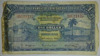 $1 Dollar Vg - Fine Banknote From British Trinidad And Tobago 1939 Pick - 5 Rare